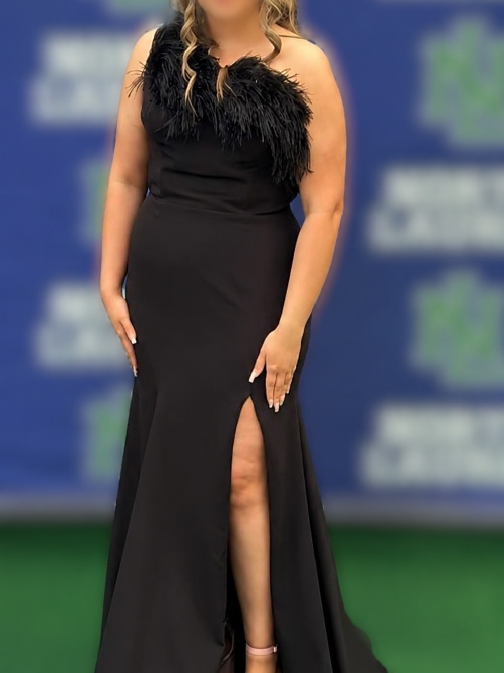 Black One-Shoulder Feather Trim Evening Gown